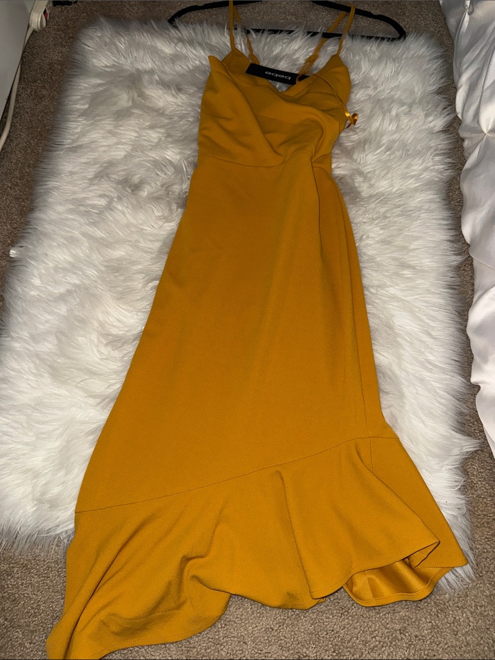 bebe Mustard Yellow Maxi Dress with Ruffle Hem